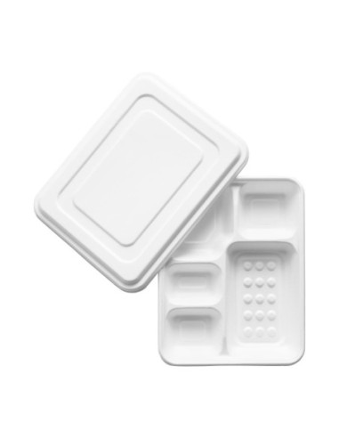 Plateaux repas 5 compartiments en bagasse avec couvercle Vegware (lot de 200)