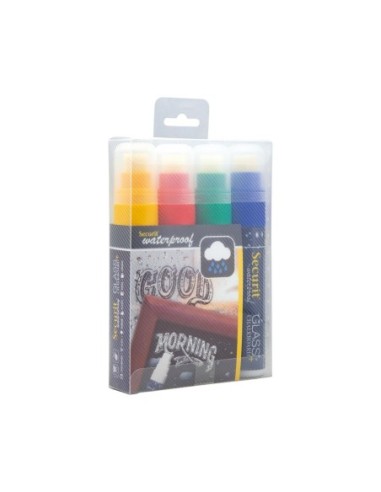 Marqueurs craie waterproof Securit (verre+ ardoise) pointe 7-15mm rouge, vert, jaune, bleu (lot de 4)