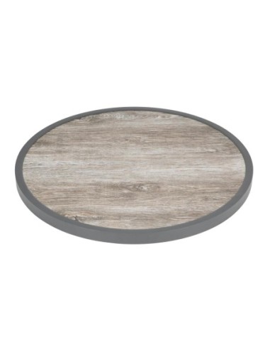 Plateau de table extérieur rond en verre trempé Bolero effet grain de bois bord gris 580mm