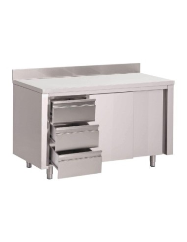 Table armoire inox avec dosseret 3 tiroirs à gauche et portes coulissantes Gastro M 875x1000x700mm