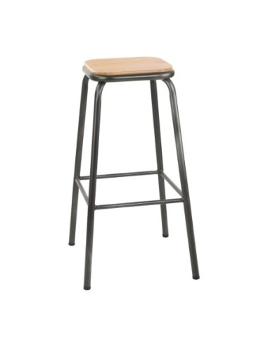 Tabouret haut gris métallisé avec assise en bois Bolero Cantina lot de 4