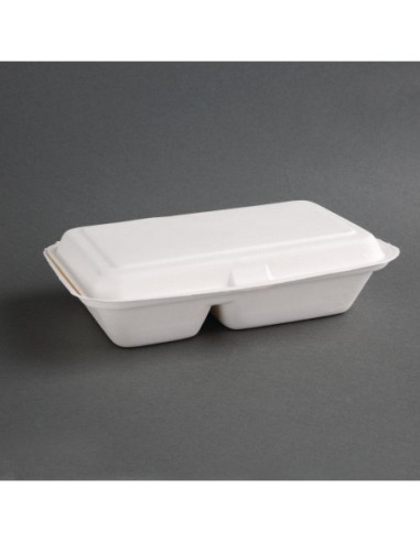 Boîtes 2 compartiments avec couvercle à charnière compostables en bagasse Fiesta Compostable 253mm (lot de 200)