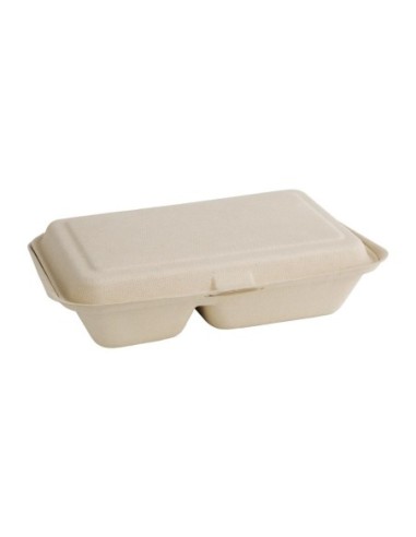 Boîtes 2 compartiments avec couvercle à charnière compostables en bagasse coloris naturel Fiesta Compostable 253mm (lot de 200)