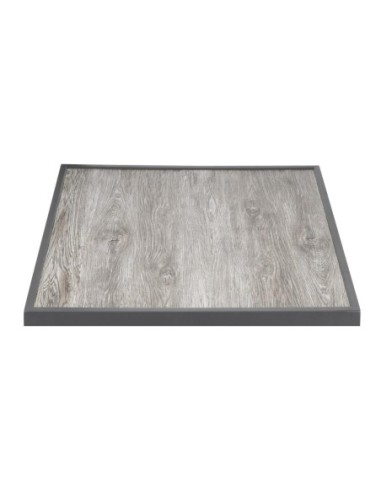 Plateau de table extérieur carré en verre trempé Bolero effet grain de bois bord gris 700 mm