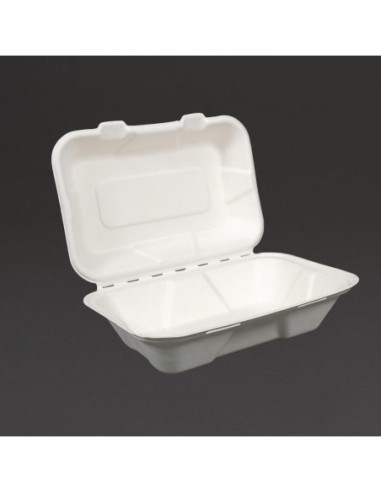 Boîtes repas en bagasse compostables avec couvercle à charnière Vegware 228mm (Lot de 200)