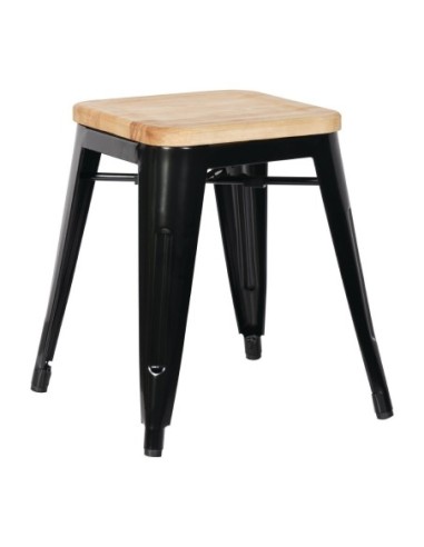 Tabourets bistro bas en acier noir avec assise en bois Bolero (lot de 4)