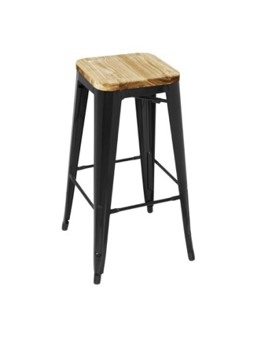 Tabouret bistro haut en acier noir avec assise en bois Bolero lot de 4