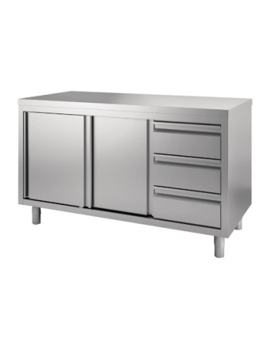 Table armoire inox avec portes coulissantes et 3 tiroirs à droite Gastro M 1400 x 700 x 875mm