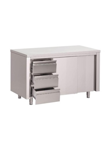 Table armoire inox avec portes coulissantes et 3 tiroirs à gauche Gastro M 1500 x 700 x 875mm