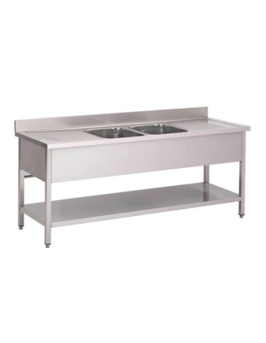 Plonge inox avec étagère basse Gastro M 2 bacs au centre 200 x 70 x 85 cm