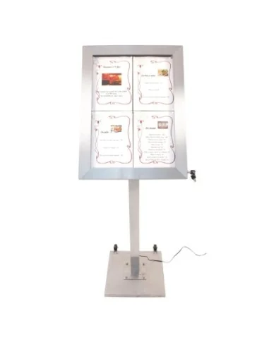 Porte-menu à LED couleurs en inox Securit 4xA4 avec poteau et socle